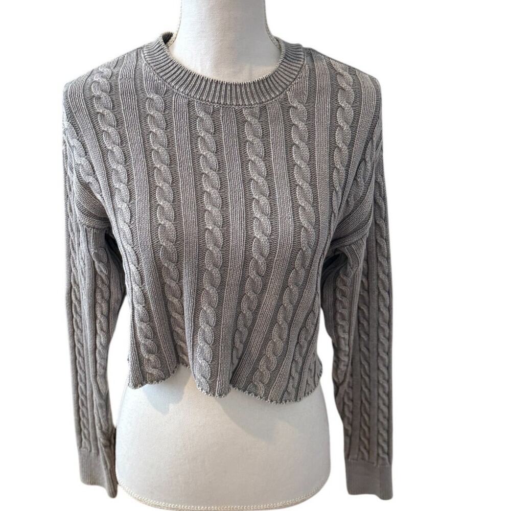 Aerie Cropped Cable Knit Crewneck Sweater Gray S